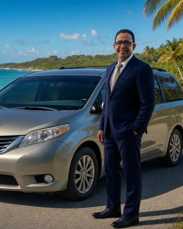 Chofer de Freddy's Transport junto a la minivan frente al mar