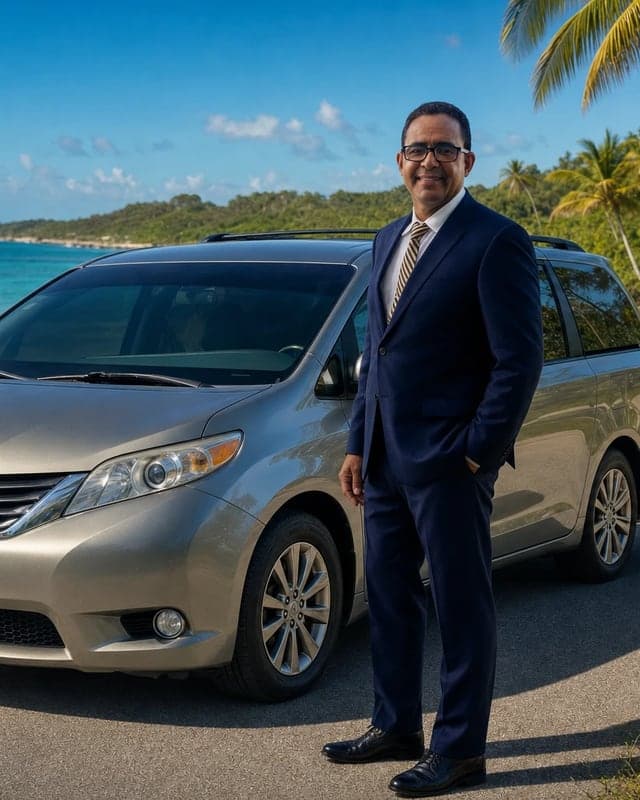 Chofer de Freddy's Transport junto a la minivan frente al mar